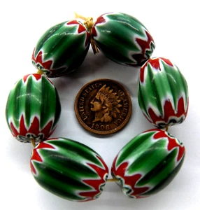6 Cuentas Med Grandes Sandía Verde Chevron Comercio Africano 1802 Bin Y - Imagen 1 de 2