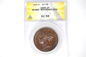 Great Britain: 1858 Penny- ANACS AU-58- Repunched Date. Lovely coin! RARE - Picture 1 of 5