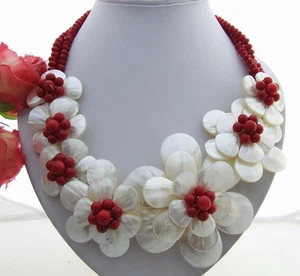 18" White Shell Flower Coral Red Crystal Statement Necklace - Picture 1 of 2