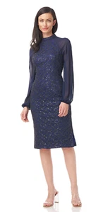 JS COLLECTIONS Navy Sequin Embroidered Lace Gold Metallic Sheer Sleeve Dress 14 - Picture 1 of 3