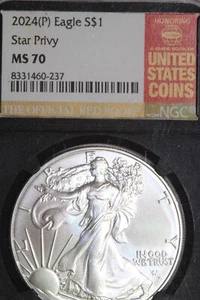 2024 (P) 1$ American Silver Eagle Star Privy NGC MS70 (8331460-237) - Picture 1 of 4