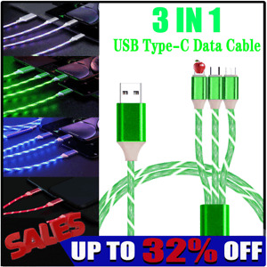 Universal Glowing LED 3 IN 1 Cable For Samsung Xiaomi iPhone Charger USB C Cords