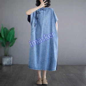 Women Ethnic Dress Midi Denim Loose Casual Short Sleeve Frog Button Cheongsam - Picture 1 of 26
