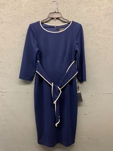 Adrianna Papell Black Tipped Crepe Tie Waist Dress Black White Trim Size 10 NWT - Picture 1 of 9