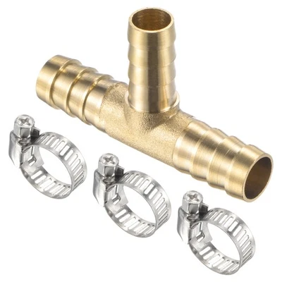 2 Set Brass Hose Barb Tee with Hose Clamps (Brass, 3/8 x 3/8 x 5/16-Inch) - Image 1 of 4