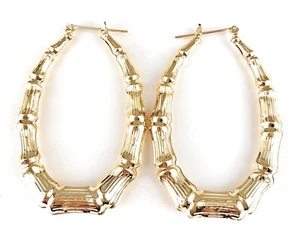Gold oval hoops earrings bamboo door knocker hoop hollow metal 2 3/8" long - Picture 1 of 11
