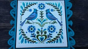 VTG Blue Birds Cast Iron Trivet Ceramic Tile Flowers Floral 1970s - Picture 1 of 6