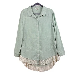 Umgee Green White Striped Lace Hem Button Up Tunic Top Medium Pockets Cottage - Picture 1 of 13