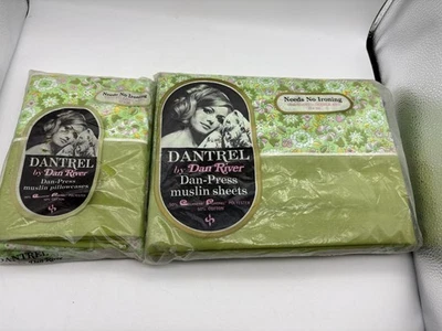 Fundas de almohada vintage años 70 DANTREL verde lima floral doble sábana plana ropa de cama Foto 1 de 4