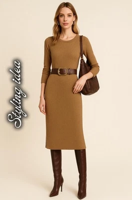 Vestido midi suéter tejido acanalado tostado para mujer XS minimalista manga larga elegante Foto 1 de 4