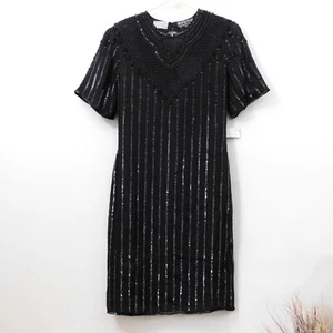 Vintage Cocktail Dress Beaded Black Silk Royal Feeling Short Sleeve Women's M - Picture 1 of 12