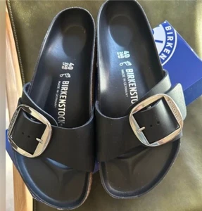 Birkenstock Madrid Big Buckle Slide Sandal High Shine Black Size 39 L8M6 - Picture 1 of 3