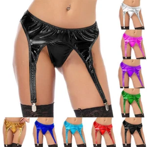 Women Suspender Garter Belt Shiny Wetlook Metal Clips Thigh High Stockings - Picture 1 of 22