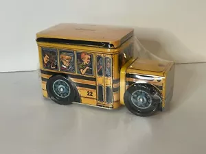 VINTAGE SCHOOL BUS METAL TIN BANK WITH DOG ASSORTED HARD CANDY SEALED NEW - Picture 1 of 3