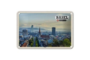 Targa in latta 18 x 12 cm vacanza viaggio insegna: Basilea Svizzera skyline - Foto 1 di 2