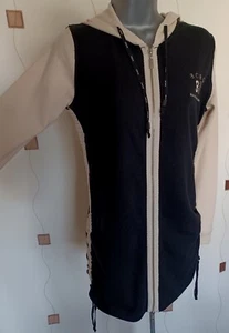HOODIE SWEATSHIRT SPORT TOP SMALL S LONG LINE BLACK BEIGE ZIP BCBG MAXAZRIA - Picture 1 of 11