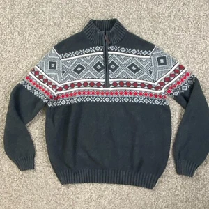IZOD Sweater Mens Medium Gray 1/3 Zip Fair Isle Winter Knit Pullover - Picture 1 of 12