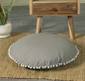 Indian Solid Cotton Handmade Round Grey Pompom Cushion Cover Home Décor Cover AU - Picture 1 of 2