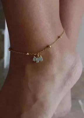 Tobillera colgante de cadena para perro mujer corte redondo simulado diamante enchapado en oro amarillo de 14K Foto 1 de 4