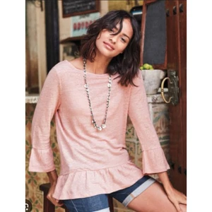 Top para mujer Bodega con volantes dobladillo pequeño mezcla de lino melocotón manga campana 3/4 - Imagen 1 de 9