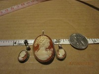 Antique Art Deco Silver Shell Cameo Brooch / Pendant & Earrings Set signed 