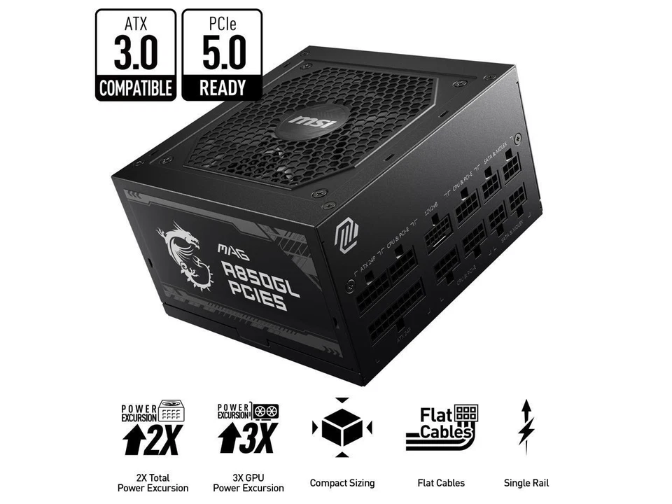 MSI MAGA850GLPCIE5 850 W 80Plus Gold Fully-Modular ATX Power Supply