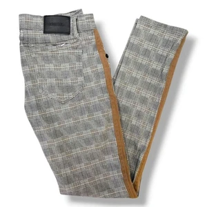 Decibel Glen Plaid Slim Pants Zip Back Pocket Suede Side Stripe Grey Tan 30x32 - Picture 1 of 12