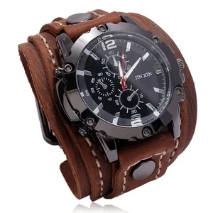 Wide Leather Watch Cuff Band Brown Wrist Black Strap Punk Retro Quartz Mens New - Picture 1 of 14