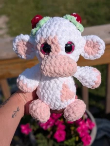 Handmade Strawberry Cow Plush – Cute Crochet Cow Toy – Great Gift Idea 9" Tall - Picture 1 of 4