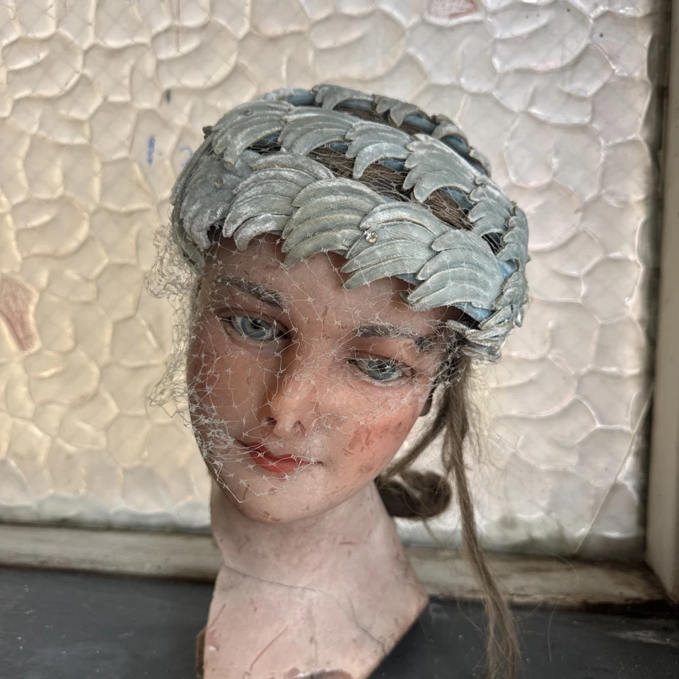 De colección 1940s 1950s Azul Seda Terciopelo Océano Onda Tocado Sombrero Diadema Velo Foto 1 de 4