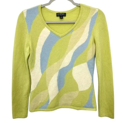 Кашемир V шеи винтажный Y2K 90-х мягкий зеленый синий Swirl свитер размер маленький - Изображение 1 из 4