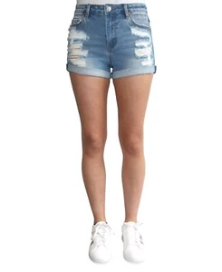 Almost Famous Juniors' Ripped Cuffed Denim Cut Off Shorts Blue NWT Size 5 - Picture 1 of 3