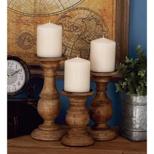 Candle Holder Brown Mango Wood Turned Pillar Table Decor 3Pack Distressed Finish - Picture 1 of 12