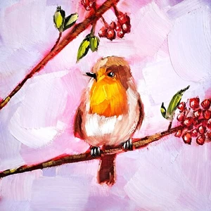 Robin Painting Bird Original Art Red Robin Oil Painting Animal Small Artwork - Picture 1 of 8