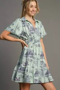 Umgee Full Size Landscape Print Collared Mini Dress Plus Size - Picture 1 of 4