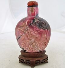 2.7" Chinese Carved Pink Rhodonite Stone Snuff Bottle with DRAGON & Wood Stand