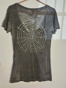 Vintage E.vil Large Black Widow Spider Web, Swarovski Crystal Tee T-Shirt Womens - Picture 1 of 6