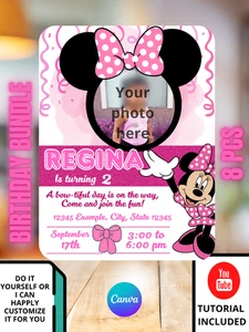 Pink Bow Girl Birthday Invitation Bundle Minnie Mouse Birthday Invitation - Picture 1 of 8