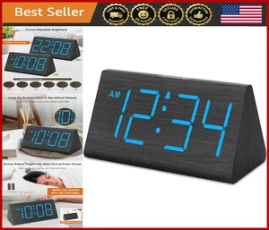 Wooden Digital Alarm Clock USB Port Loud Alarm Adjustable Volume Dimmer - Picture 1 of 8