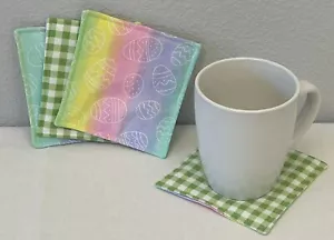 Ostern Getränk Untersetzer Wende Ei Regenbogen Streifen weiß grün Gingham 4er Set - Bild 1 von 6