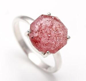 Red Strawberry Quartz Natural Octagon Stone 925 Sterling Silver Handmade Ring