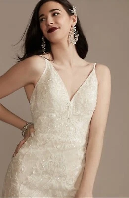 Oleg Cassini Designer Strappy Beaded Appliqué Tulle Sheath Wedding Dress - Image 1 of 4