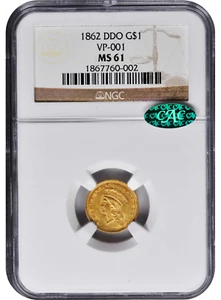 1862 NGC MS61 CAC Doubled Die Obverse PCGS POP 12 ALL! Rare Key DDO Gold Dollar - Picture 1 of 6