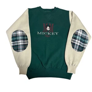 Vintage Mickey Unlimited Disney Sweatshirt Plaid Elbow Patch Green Beige Size M - Picture 1 of 9