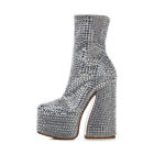 Womens Spring Full Diamond Decor High Platform Thick Heels Party Mid-calf Boots