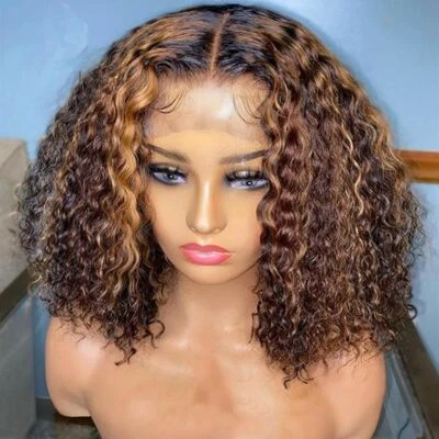 Bob Highlight Remy Human Hair Curly Wigs 4/27 Brown Blonde T Part Lace Front Wig - Image 1 of 4