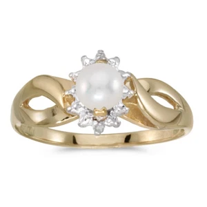 10k Yellow Gold Freshwater Cultured Pearl And Diamond Ring - Picture 1 of 2