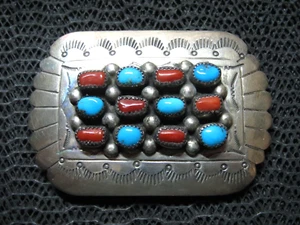 NAVAJO STERLING SILVER TURQUOISE CORAL HIPPIE BELT BUCKLE! VINTAGE! 1970s! 40g - Picture 1 of 11