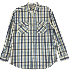 Duluth Trading Shirt Men's M Yellow Blue Cotton Plaid 2 Pocket Long Sleeve - Picture 1 of 7