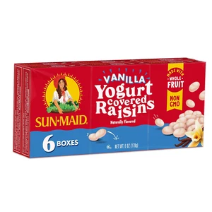 Pasas recubiertas de yogur de vainilla Sun-Maid - (paquete de 6) caja tamaño bocadillo de 1 oz - yogur C - Imagen 1 de 13